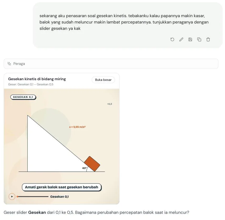 Siswa menebak pengaruh gesekan, kakak menampilkan peraga bidang miring dengan slider gesekan, lalu bertanya apa yang berubah
