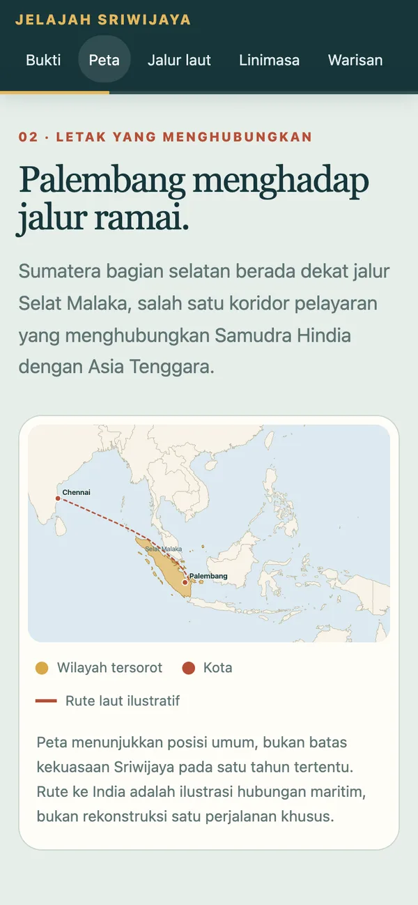Halaman "Sriwijaya membaca laut" di layar HP: bagian peta dengan legenda dan catatan tentang batas peta