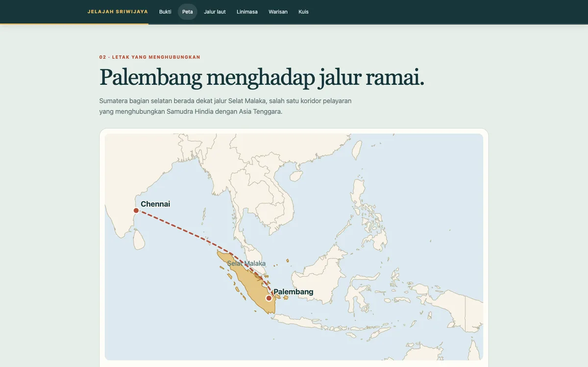 Bagian peta dari halaman "Sriwijaya membaca laut": Asia Tenggara dengan rute laut dari Palembang ke India